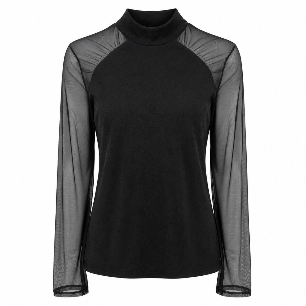 COMMENSE Mesh Sleeve Mock Neck Top Women Medium Black OA250717089 Sheer Raglan